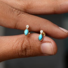 Pendientes de botón de oro amarillo macizo de 14k con diamantes blancos auténticos y turquesas
