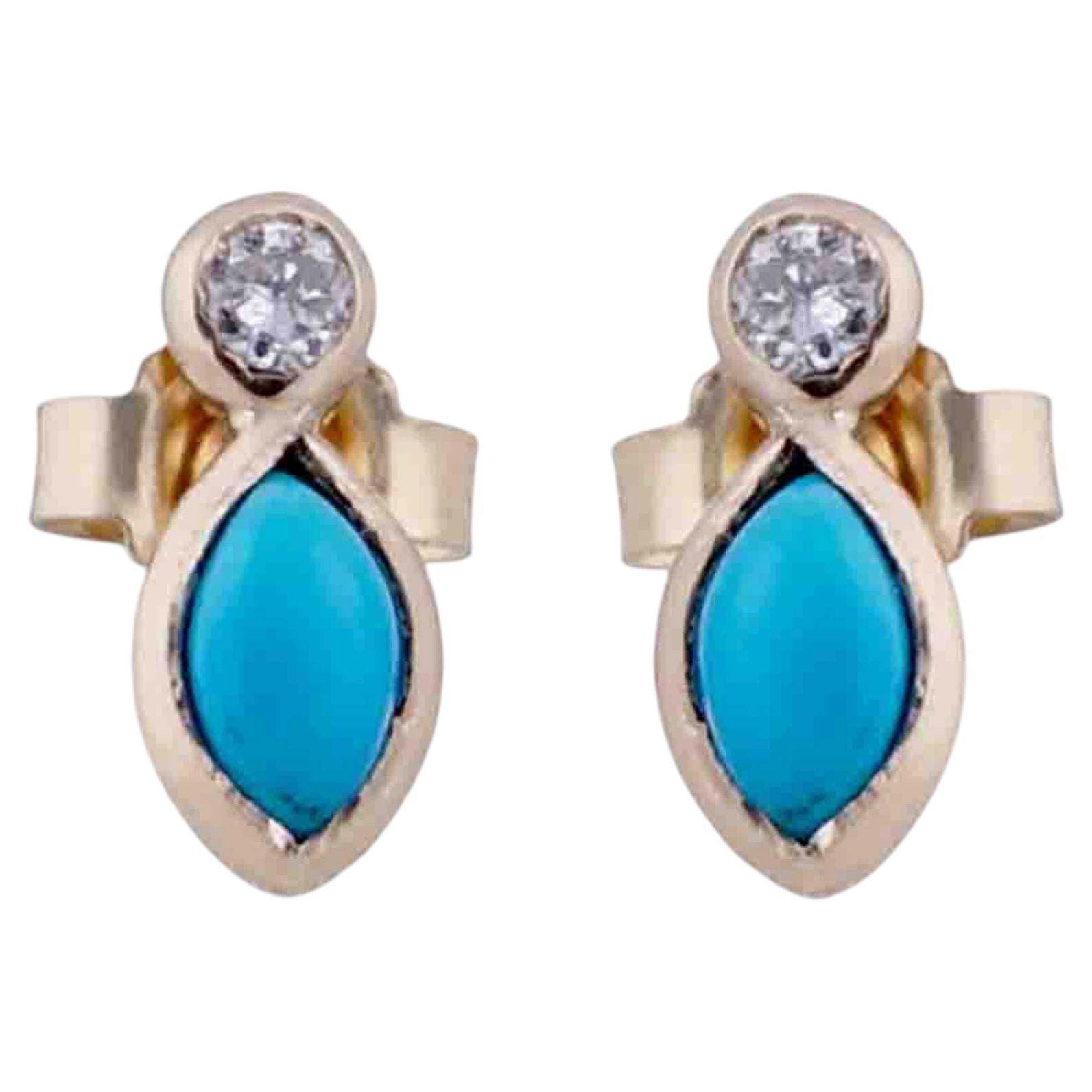 Solid 14k Yellow Gold Genuine White Diamond Turquoise Gemstone Studs Earrings