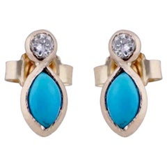Solid 14k Yellow Gold Genuine White Diamond Turquoise Gemstone Studs Earrings