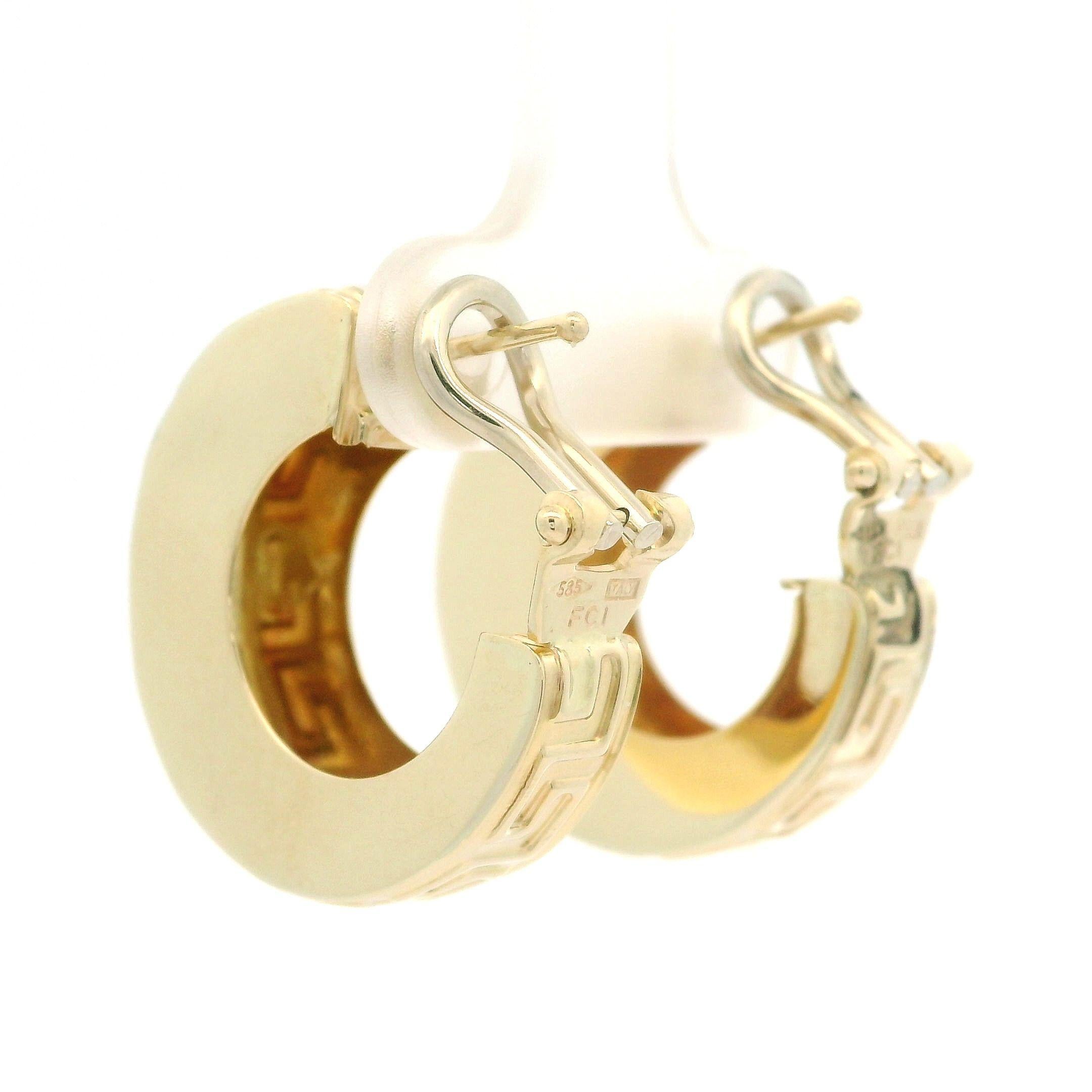 Solid 14k Yellow Gold Greek Key Pattern Huggie Hoop Omega Earrings For Sale 7
