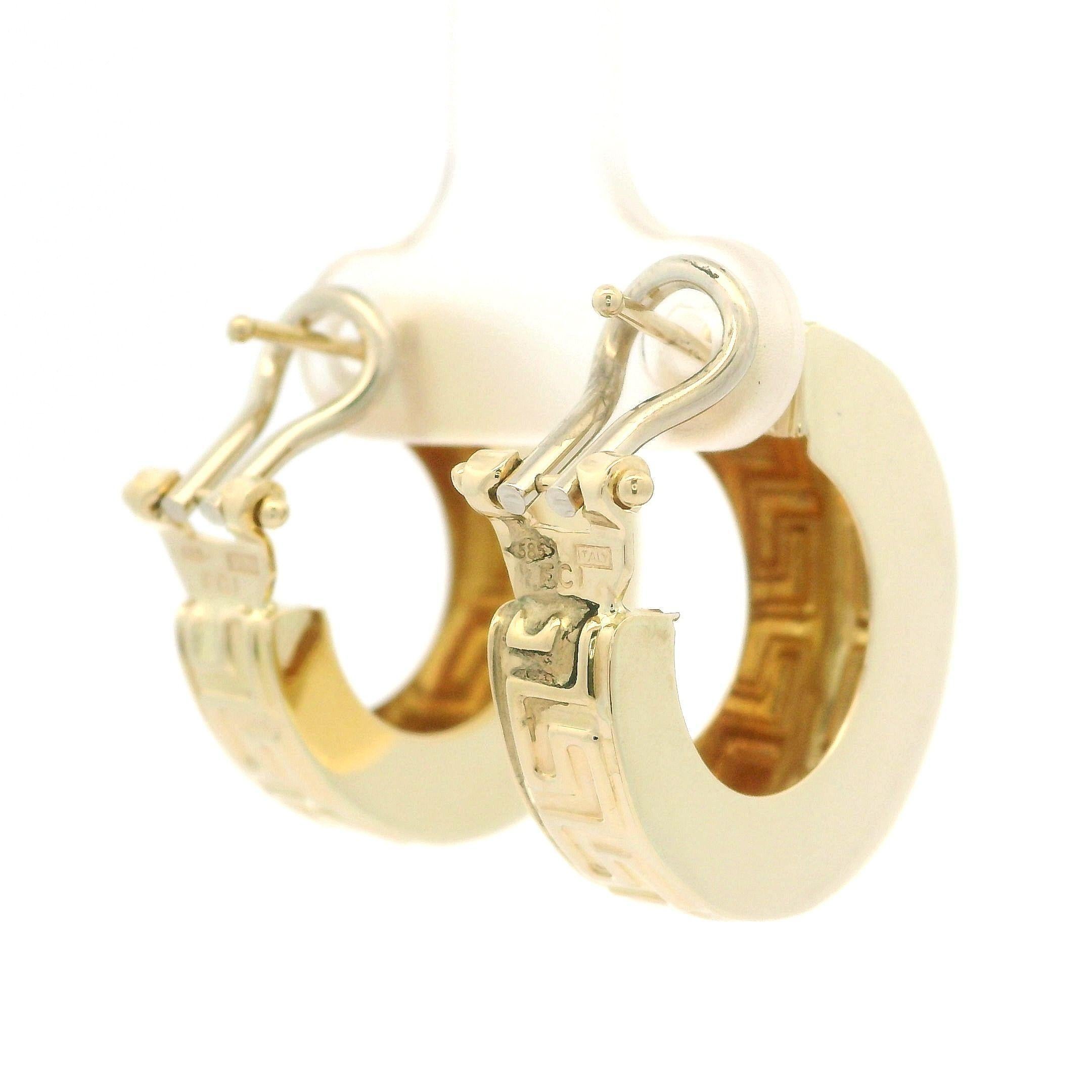 Solid 14k Yellow Gold Greek Key Pattern Huggie Hoop Omega Earrings For Sale 8