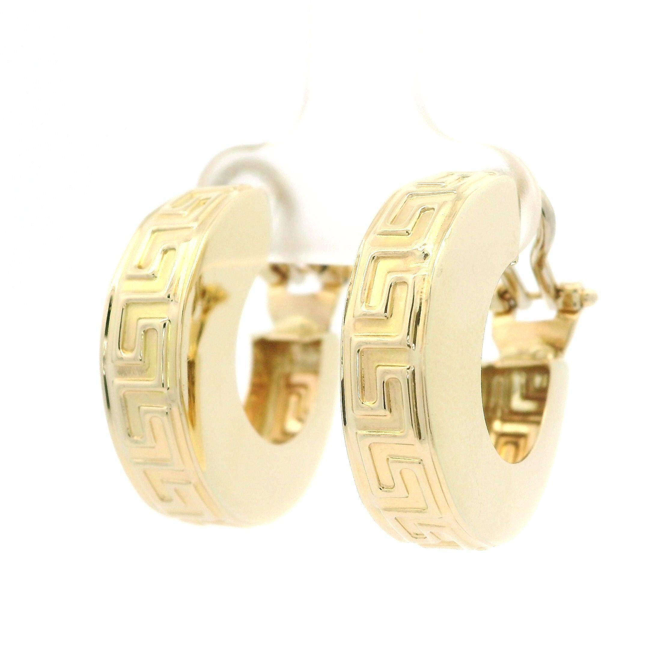 Solid 14k Yellow Gold Greek Key Pattern Huggie Hoop Omega Earrings For Sale 9