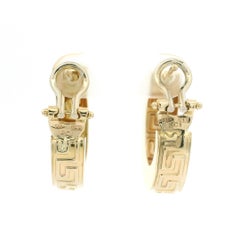 Solid 14k Yellow Gold Greek Key Pattern Huggie Hoop Omega Earrings