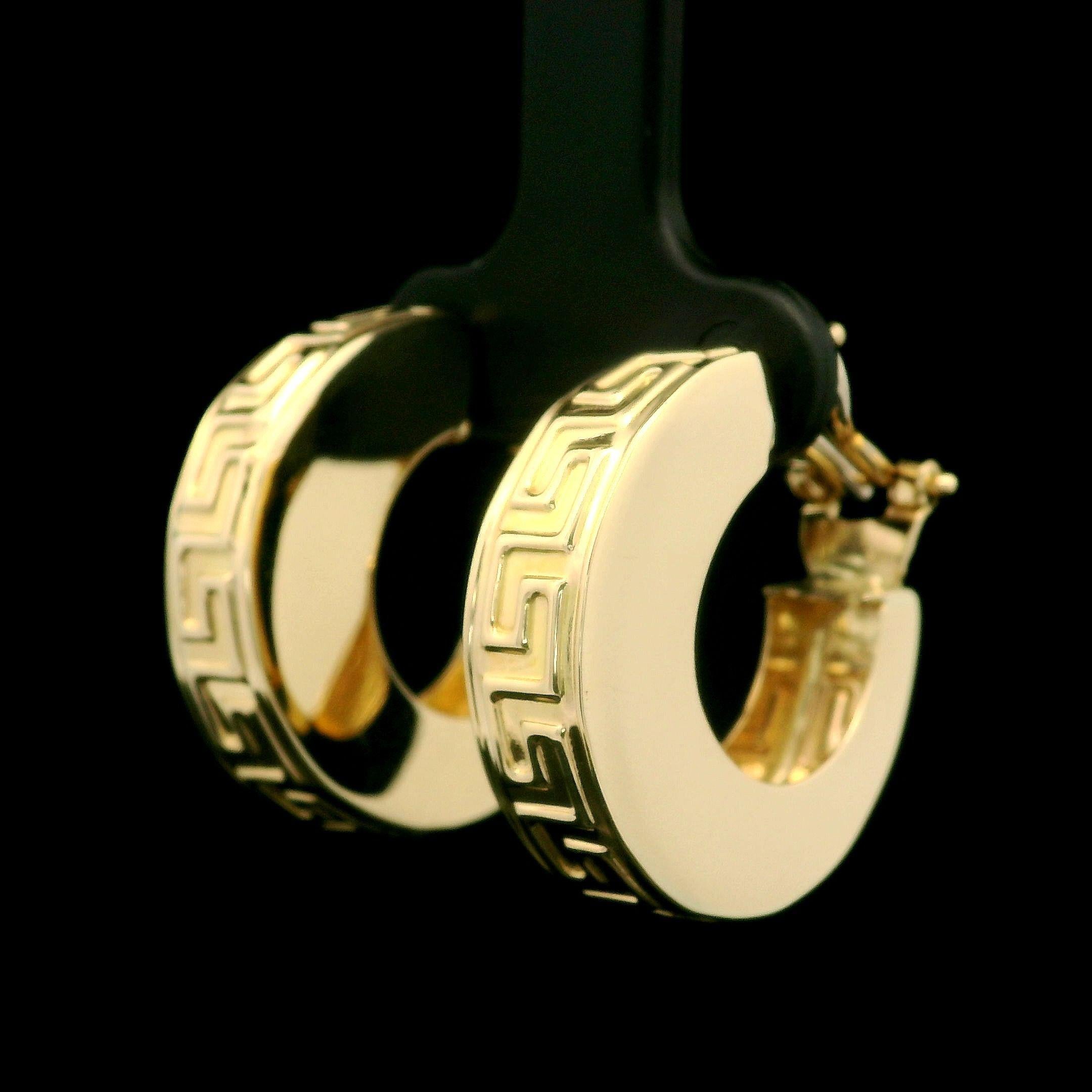 Women's Solid 14k Yellow Gold Greek Key Pattern Huggie Hoop Omega Earrings For Sale