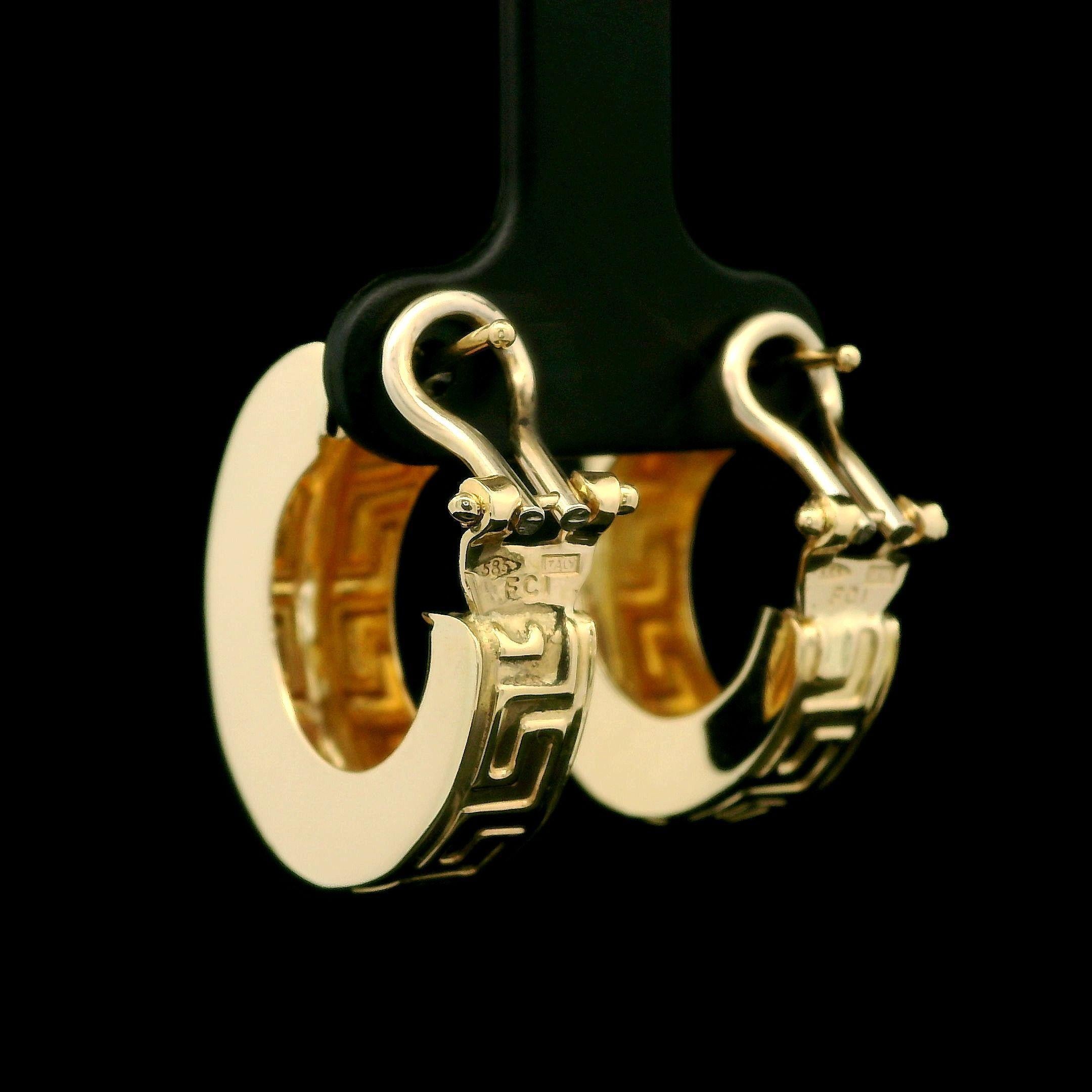 Solid 14k Yellow Gold Greek Key Pattern Huggie Hoop Omega Earrings For Sale 1