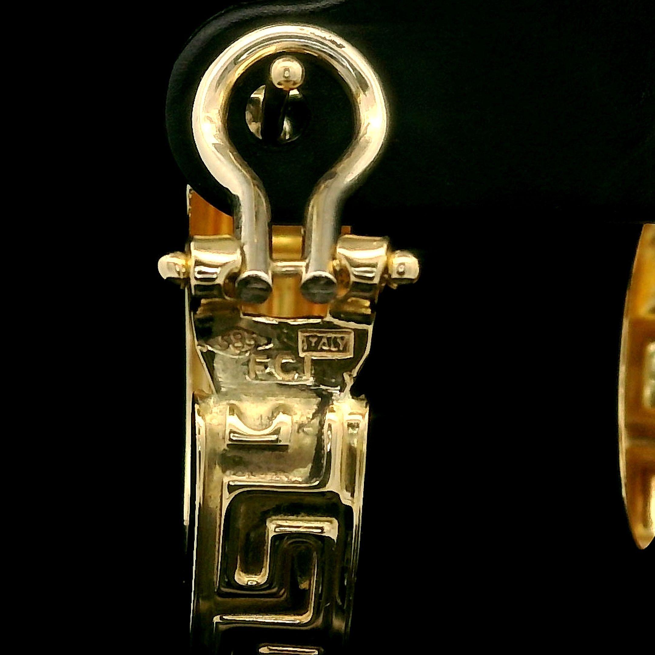 Solid 14k Yellow Gold Greek Key Pattern Huggie Hoop Omega Earrings For Sale 2