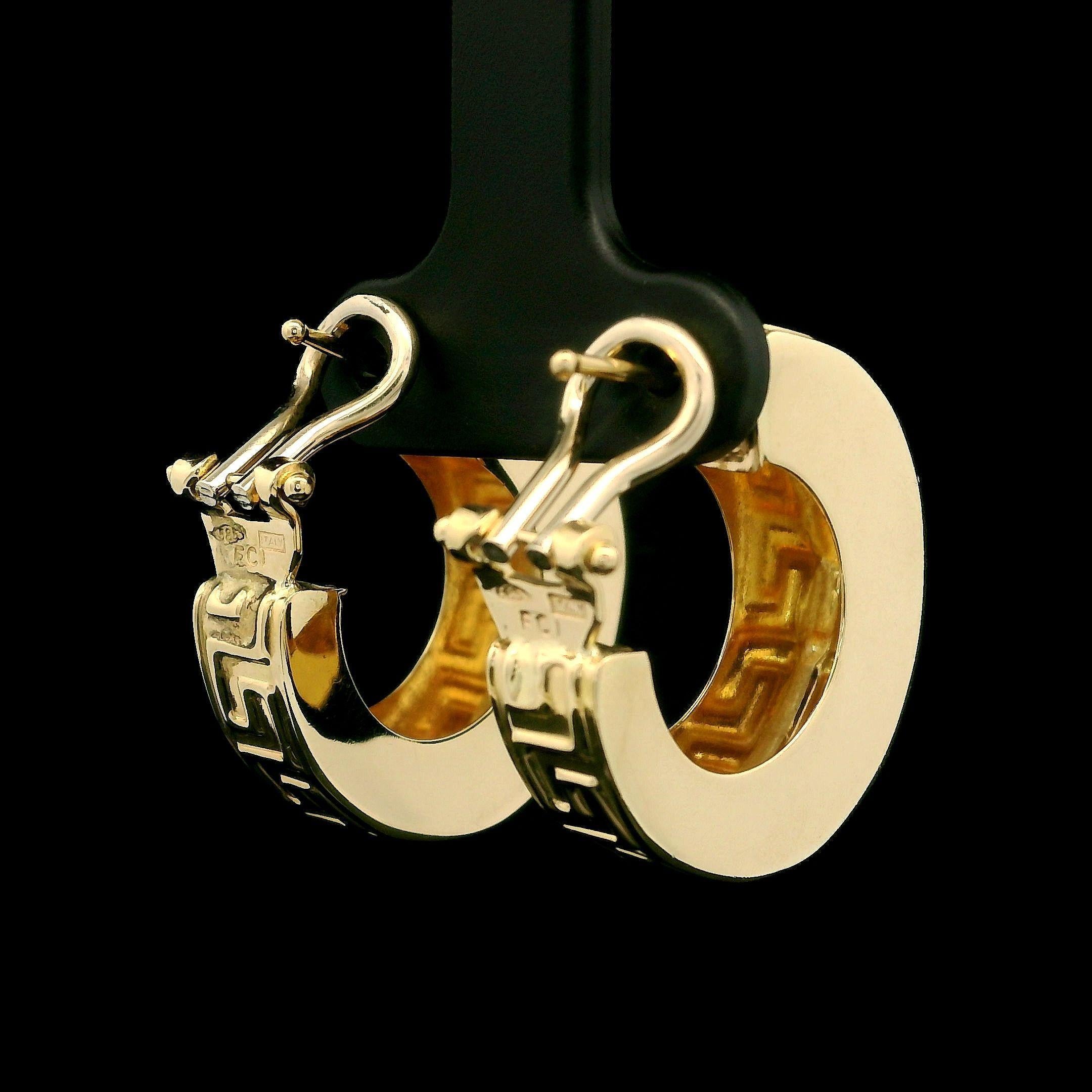 Solid 14k Yellow Gold Greek Key Pattern Huggie Hoop Omega Earrings For Sale 4