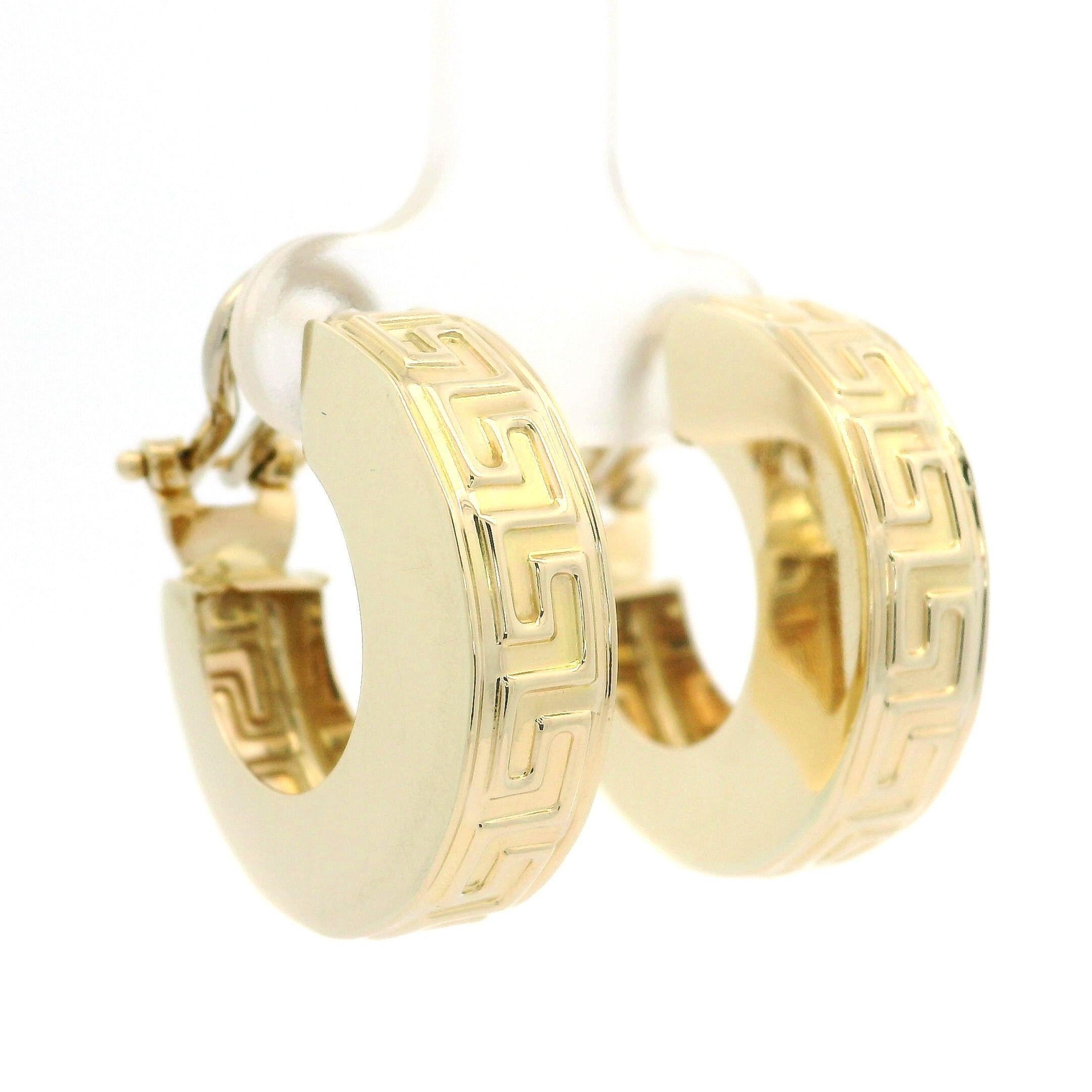 Solid 14k Yellow Gold Greek Key Pattern Huggie Hoop Omega Earrings For Sale 5