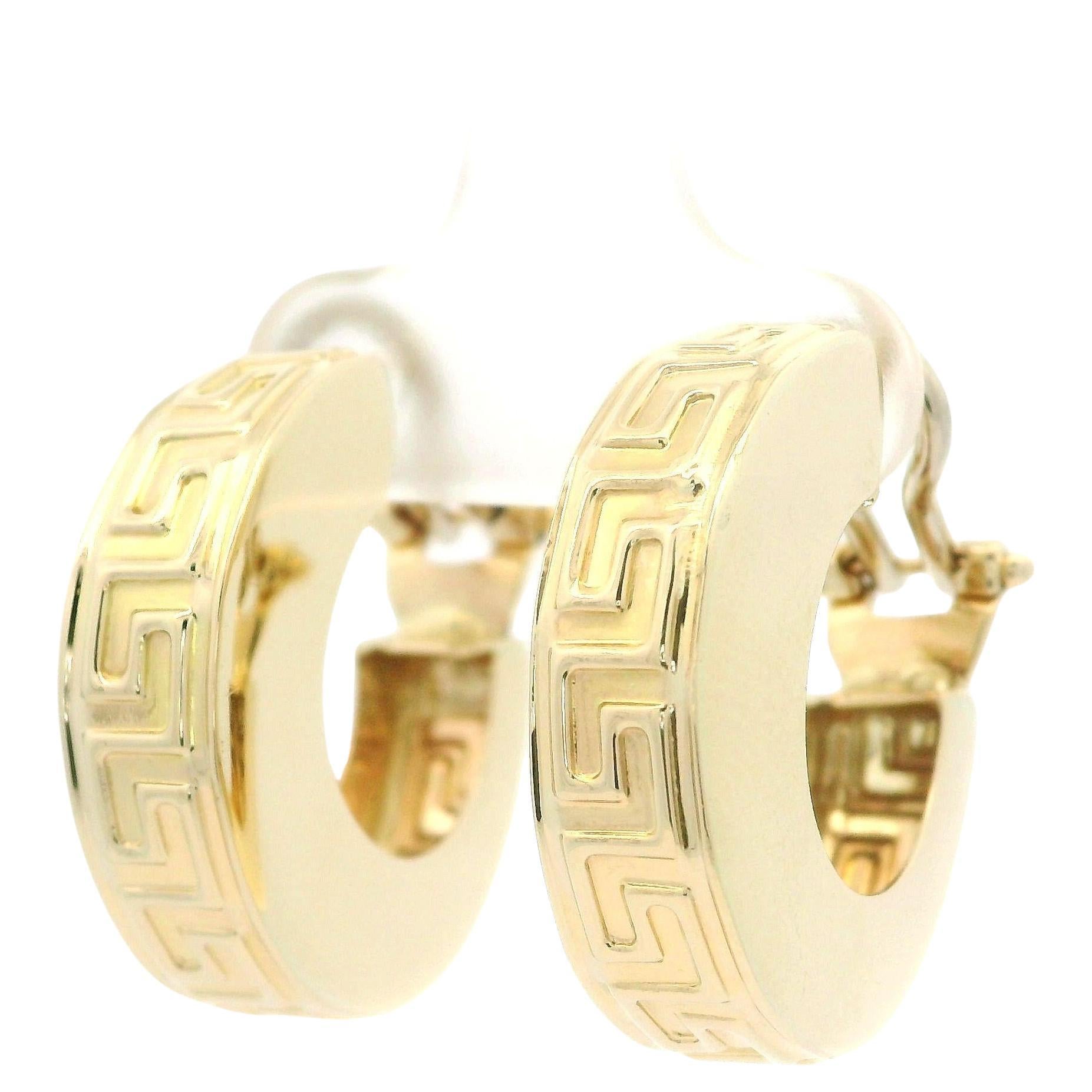 Solid 14k Yellow Gold Greek Key Pattern Huggie Hoop Omega Earrings