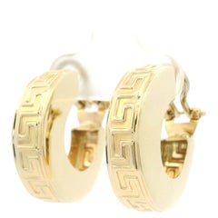 Solid 14k Yellow Gold Greek Key Pattern Huggie Hoop Omega Earrings
