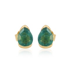 Solid 14k Yellow Gold Green Diamond Stud Dainty Pear Shape Women Earrings