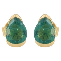 Solid 14k Yellow Gold Green Diamond Stud Dainty Pear Shape Women Earrings