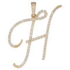 Solid 14K Yellow Gold H Initial Alphabet Real Diamond Pendant Fine Jewelry