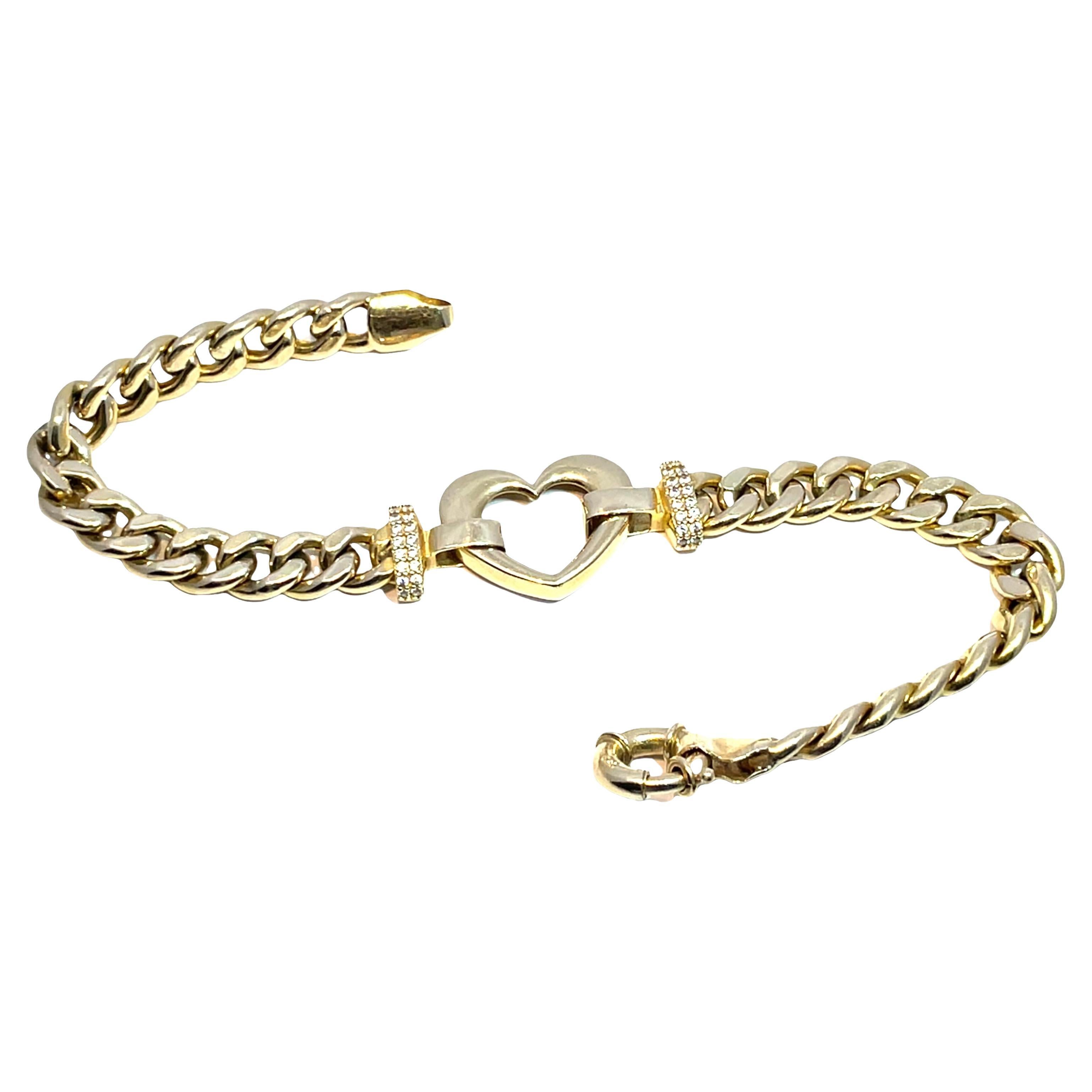 Solid 14k Yellow Gold Heart Link Bracelet with Diamond Accents For Sale