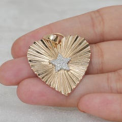 Solid 14k Yellow Gold Heart Pendant Handmade Pave Diamond Star Fine Jewelry
