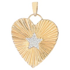 Solid 14k Yellow Gold Heart Pendant Handmade Pave Diamond Star Fine Jewelry