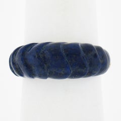 Solid 14k Yellow Gold Inlaid Carved Lapis High Dome Bombe Band Ring Size 5.5