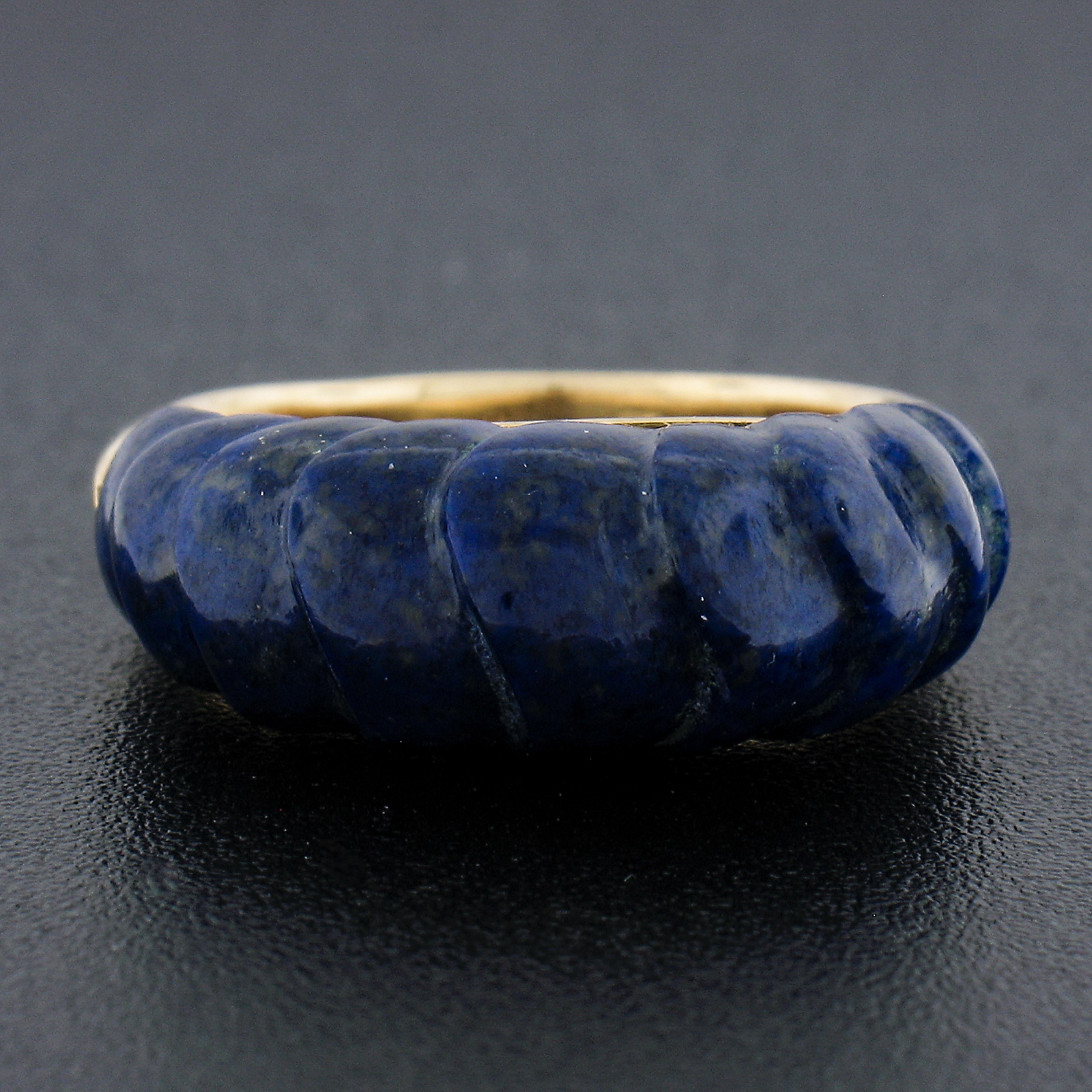 Uncut Solid 14k Yellow Gold Inlaid Carved Lapis High Dome Bombe Band Ring Size 5.5 For Sale