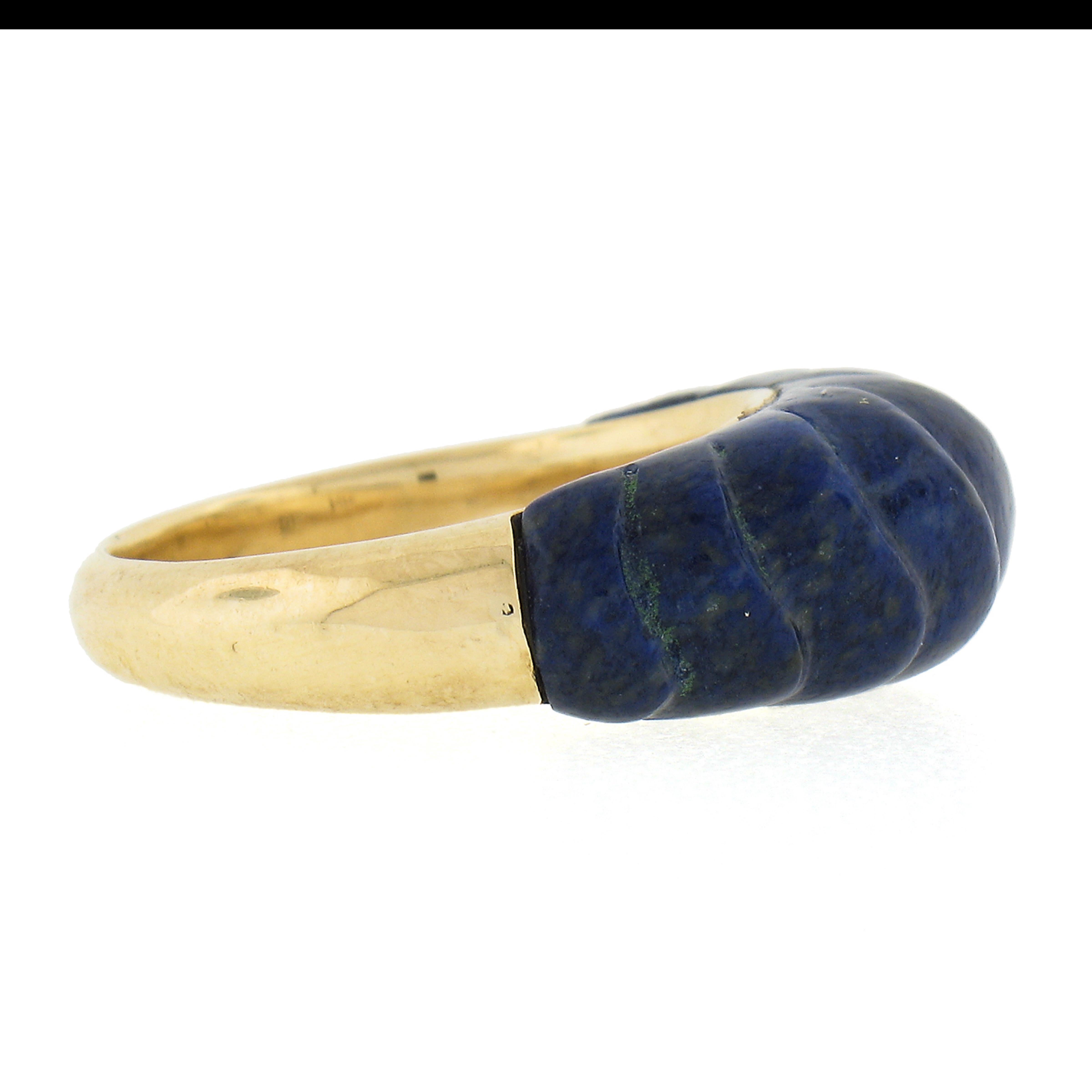 Women's Solid 14k Yellow Gold Inlaid Carved Lapis High Dome Bombe Band Ring Size 5.5 For Sale