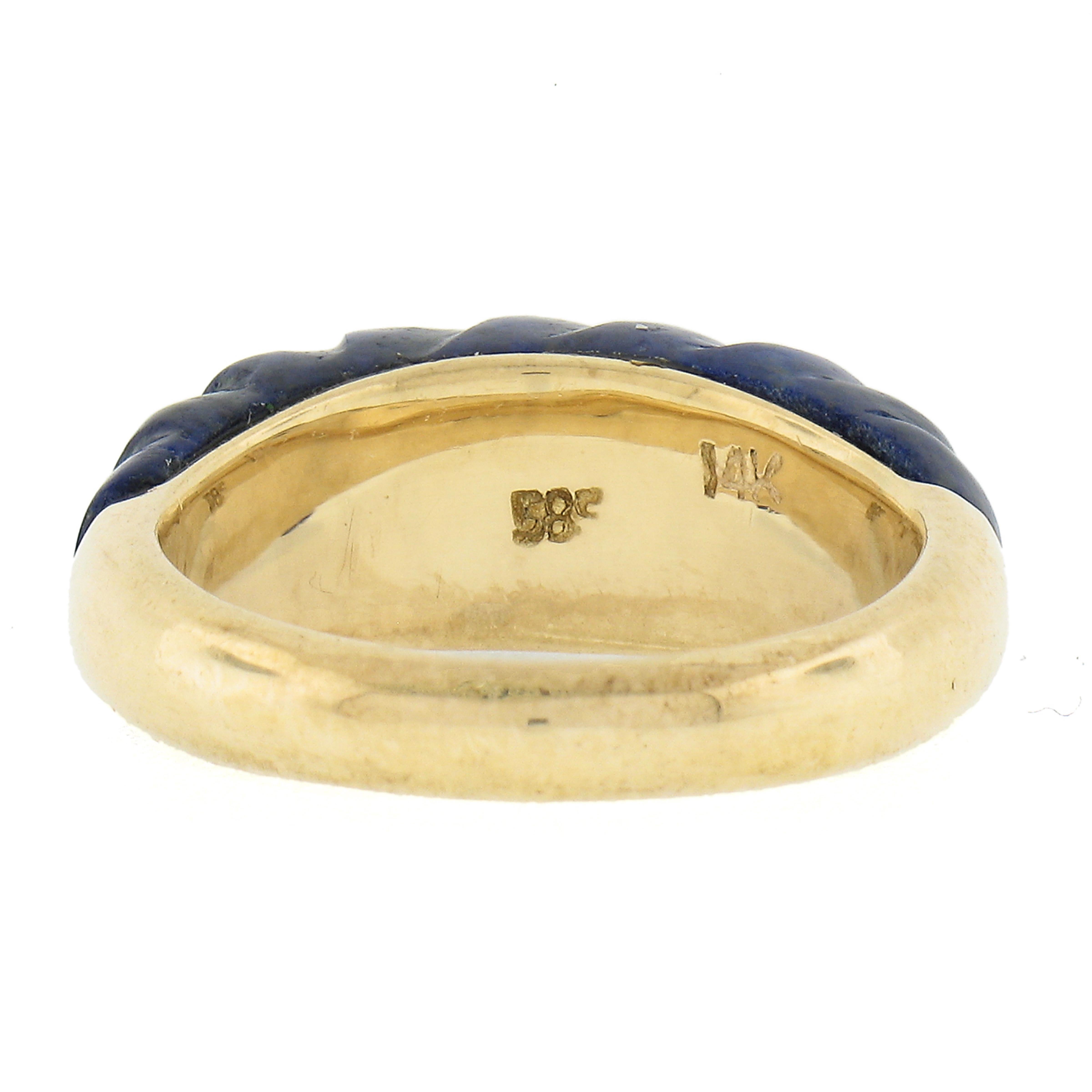 Solid 14k Yellow Gold Inlaid Carved Lapis High Dome Bombe Band Ring Size 5.5 For Sale 1