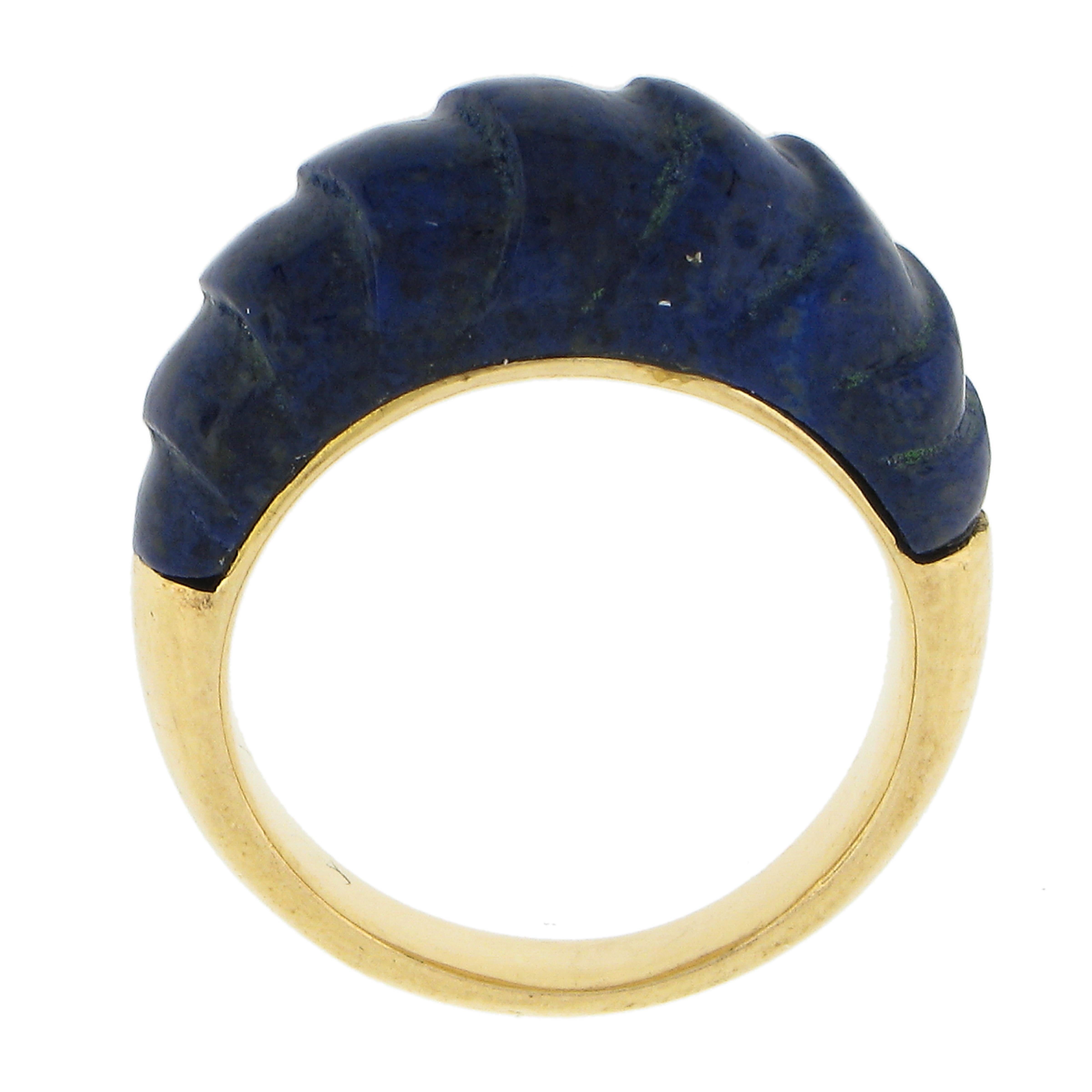 Solid 14k Yellow Gold Inlaid Carved Lapis High Dome Bombe Band Ring Size 5.5 For Sale 2