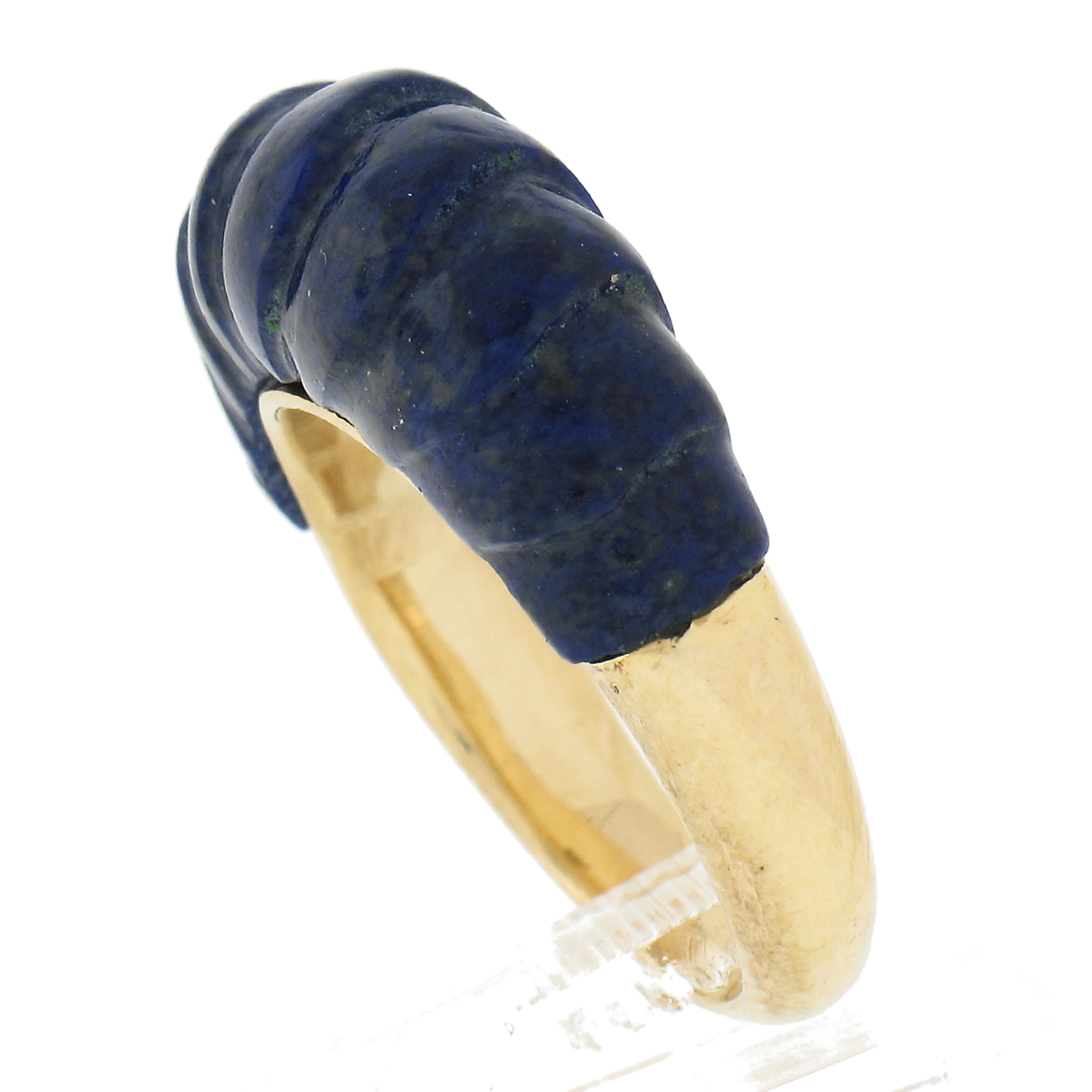 Solid 14k Yellow Gold Inlaid Carved Lapis High Dome Bombe Band Ring Size 5.5 For Sale 3