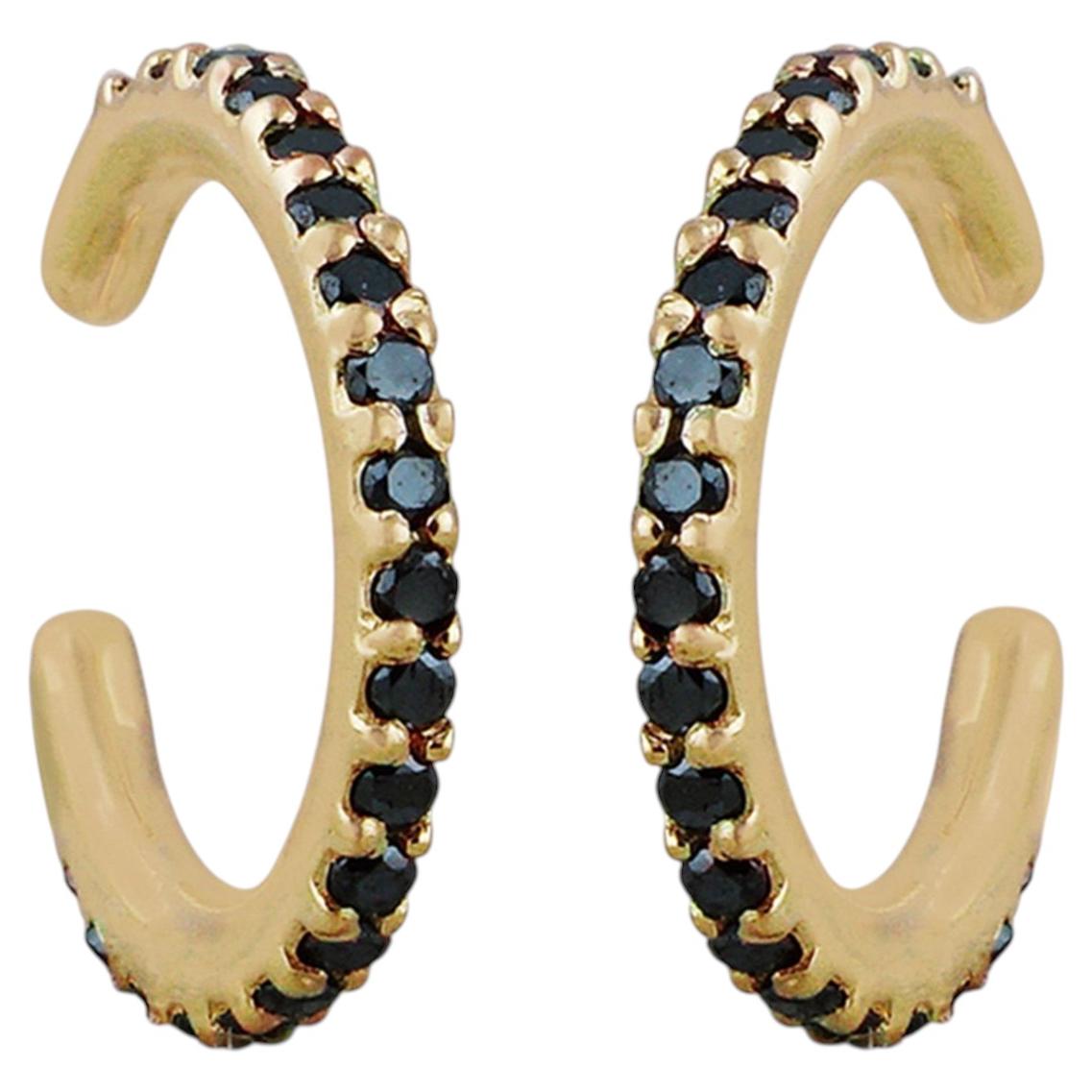 Solid 14k Yellow Gold Helix Cuff Natural Black Diamond Hoop Earrings