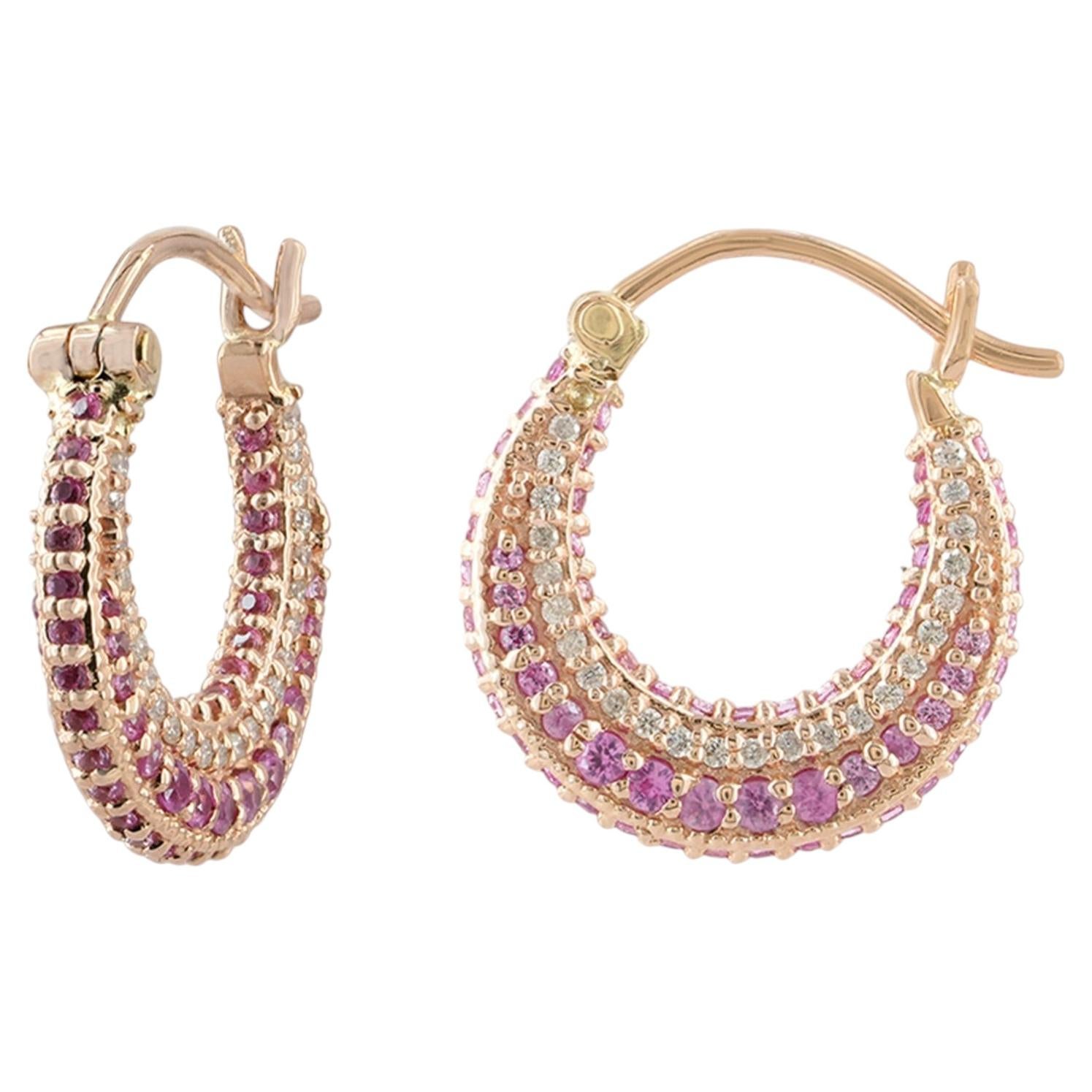 Solid 14k Yellow Gold Jewelry Genuine H/Si White Diamond Pink Sapphire Earring For Sale