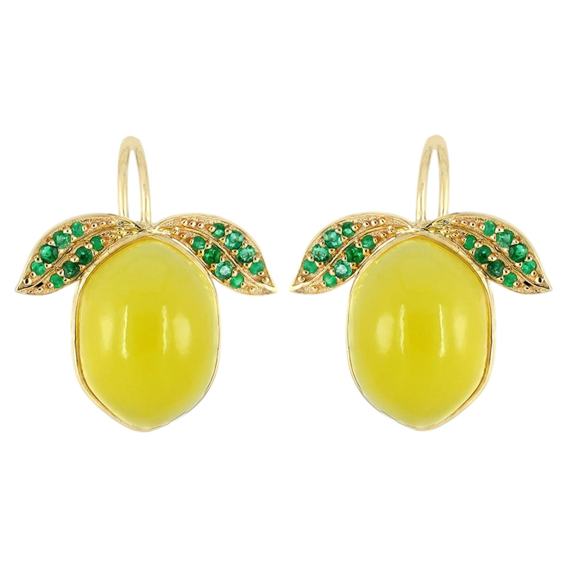 Solid 14k Yellow Gold Jewelry Lemon Quartz Emerald Gemstond Fruit Stud Earring For Sale