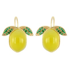 Solid 14k Yellow Gold Jewelry Lemon Quartz Emerald Gemstond Fruit Stud Earring
