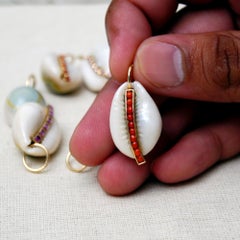 Solid 14k Yellow Gold Jewelry Natural Coral Gemstone Cowrie Sea Shell Pendant