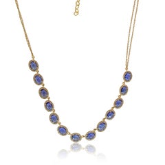 Solid 14k Yellow Gold Jewelry Natural White Diamond Blue Sapphire Gems Necklace