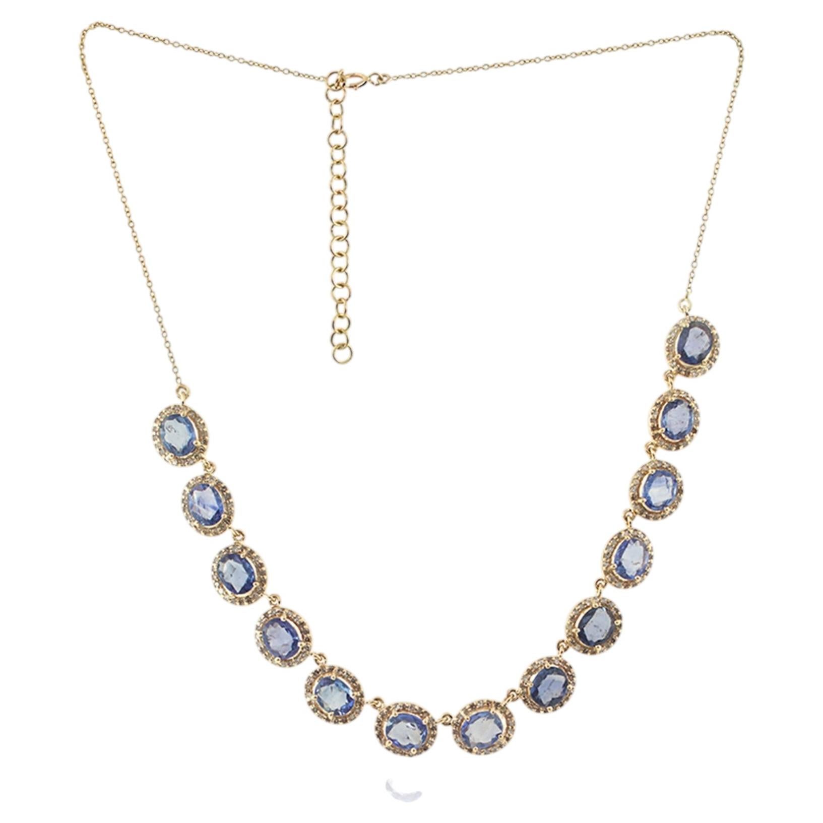 Collar de oro amarillo macizo de 14 quilates con diamantes blancos naturales y zafiros azules en venta