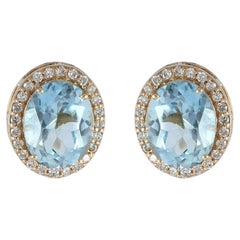 Solid 14k Yellow Gold Jewelry Natural White Diamond Blue Topaz Gems Stud Earring