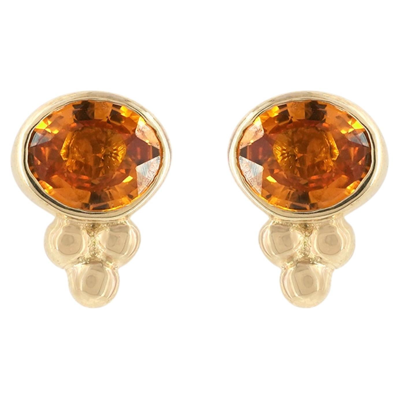 Solid 14k Yellow Gold Jewelry Orange Sapphire Gemstone Women Studs Earring