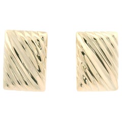 Solid 14k Yellow Gold Large Rectangular Shape Grooved Button Omega Earrings