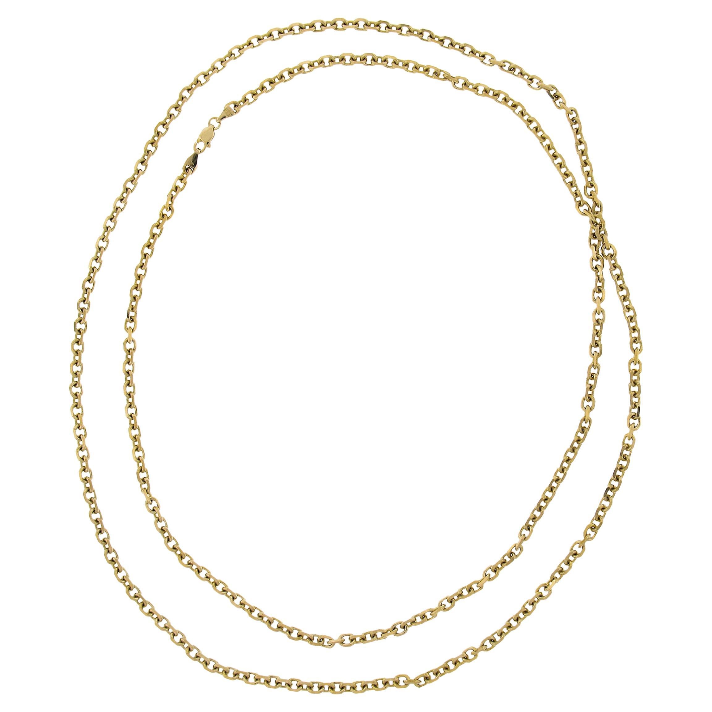 Solid 14K Yellow Gold Long 36" Beveled Cable Link Chain Necklace For Sale