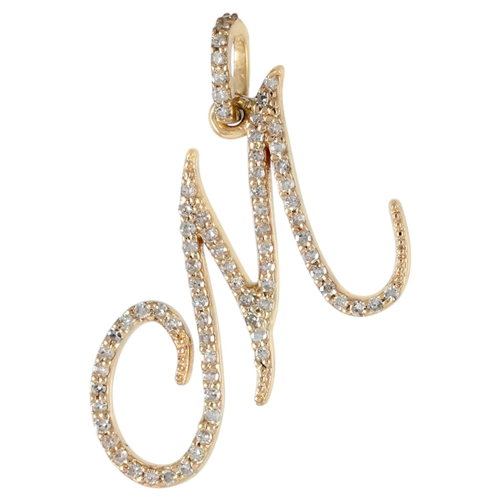 Solid 14k Yellow Gold M Letter Charm Genuine Diamond Pendant Fine Jewelry