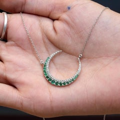Solid 14k White Gold Moon Pendant Natural Emerald Gemstone Diamond Necklace