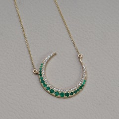 Solid 14k Yellow Gold Moon Pendant Natural Emerald Gemstone Diamond Necklace