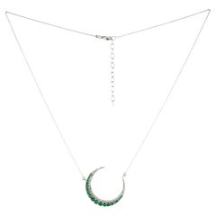 Solid 14k White Gold Moon Pendant Natural Emerald Gemstone Diamond Necklace
