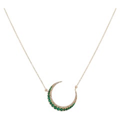 Solid 14k Yellow Gold Moon Pendant Natural Emerald Gemstone Diamond Necklace