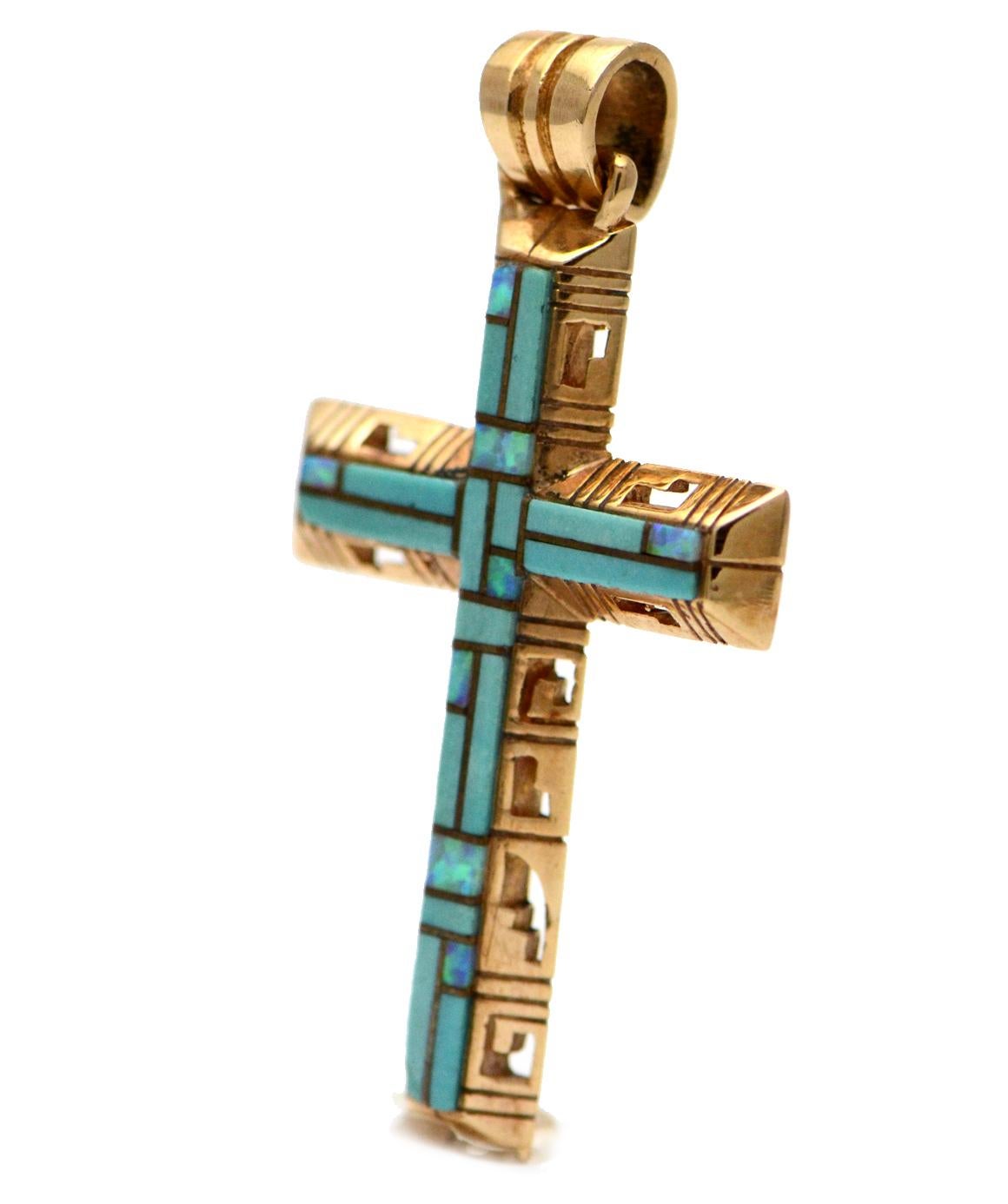 Solid 14K Yellow Gold Mosaic Turquoise & Opal Inlay Cross Pendant 8.9 grams This pendant measures about 2.00