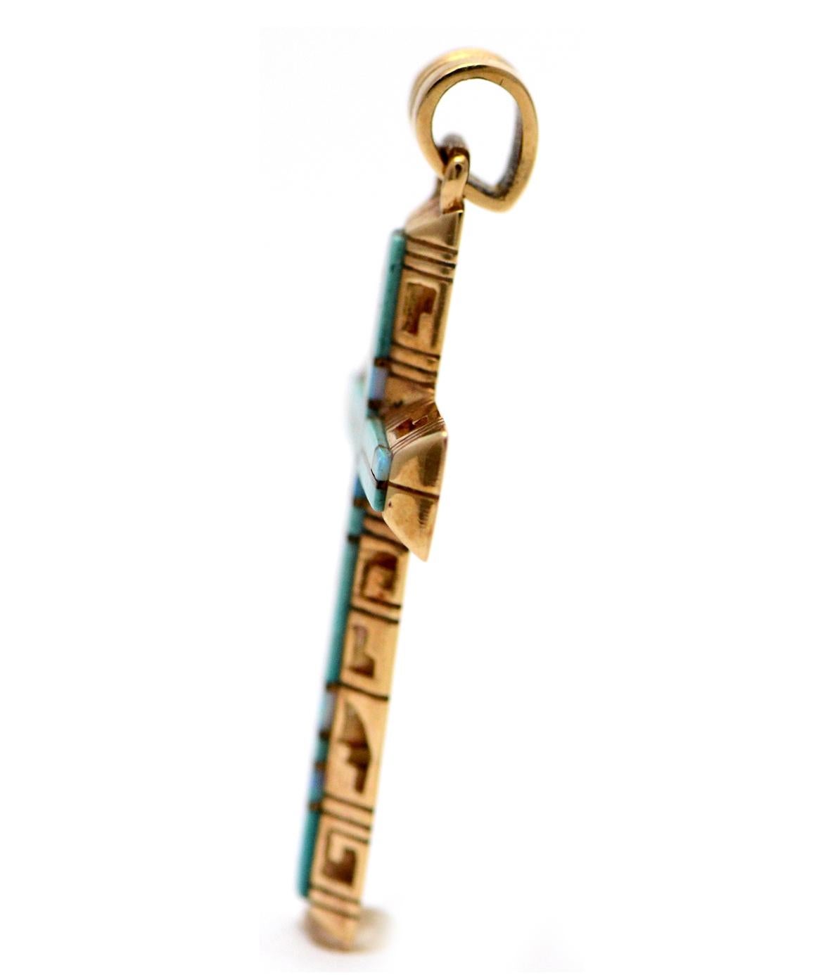 Solid 14 Karat Gold Mosaic Turquoise and Opal Inlay Cross Pendant 8.9 Grams In Excellent Condition In Manchester, NH