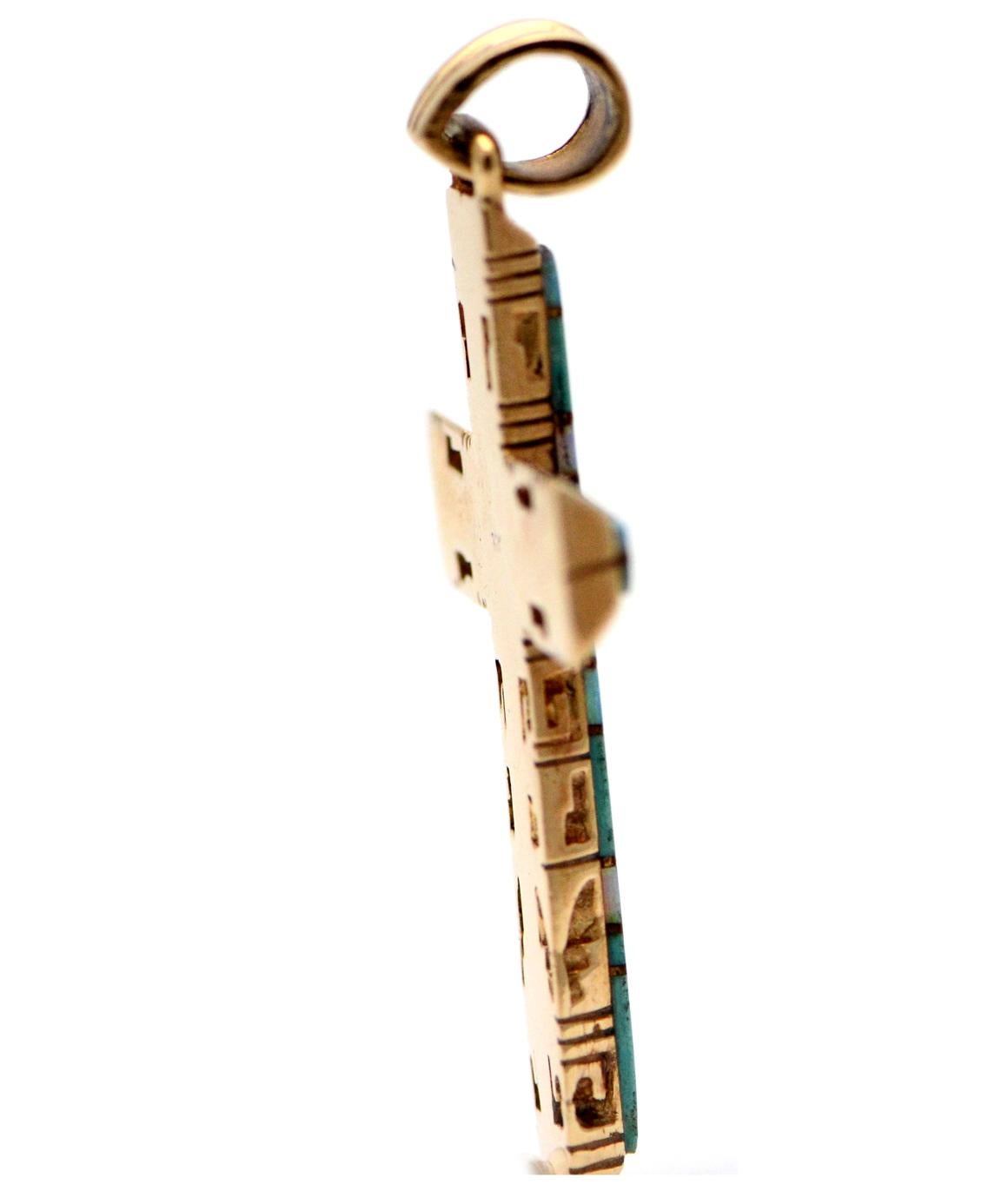 Women's or Men's Solid 14 Karat Gold Mosaic Turquoise and Opal Inlay Cross Pendant 8.9 Grams