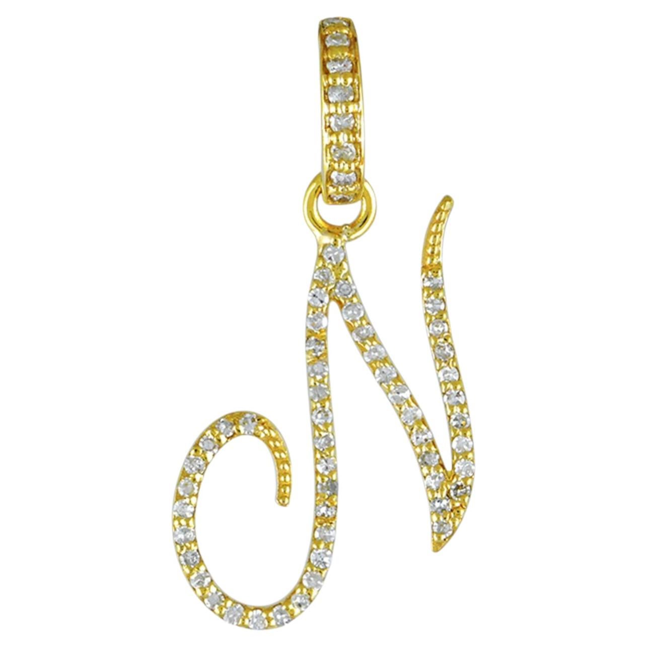 Solid 14K Yellow Gold N Initial Charm Pendant Natural Diamond Fine Jewelry