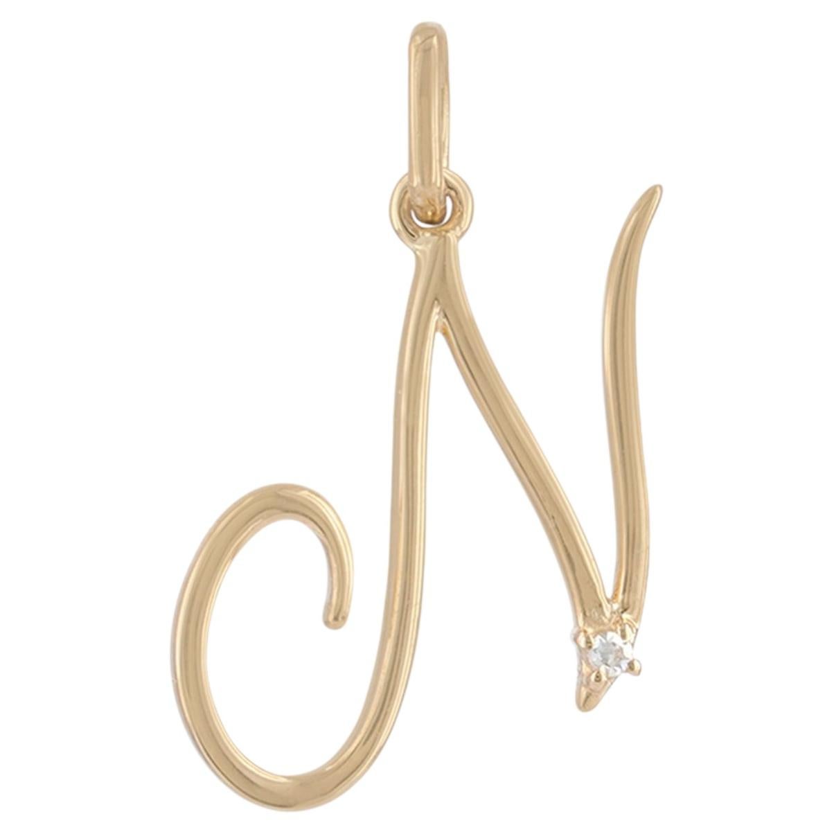 Solid 14K Yellow Gold N Initial Pendant Natural Diamond N Letter Charm Jewelry For Sale