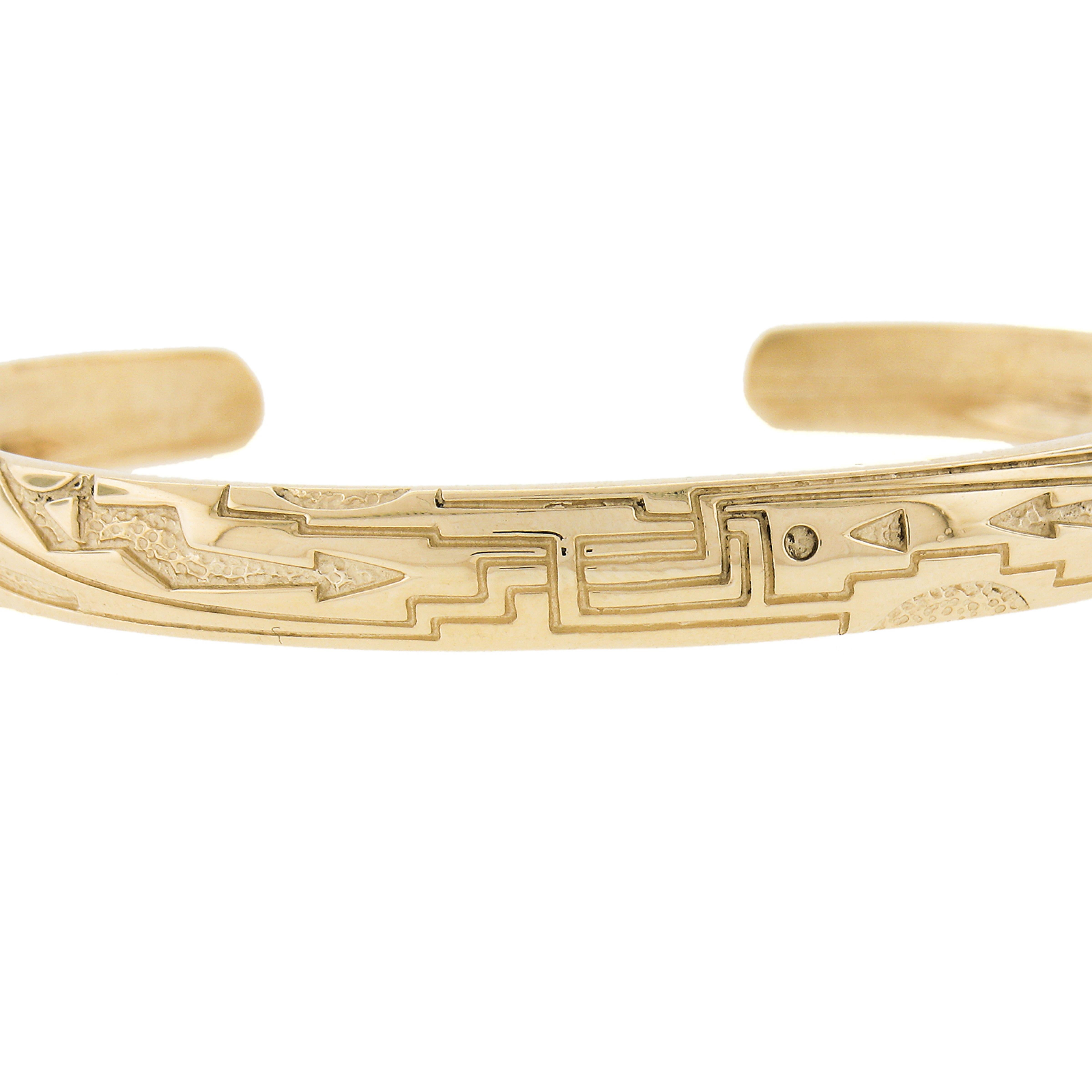 Solid 14k Yellow Gold Native American Design 6.9mm Wide Open Cuff Bracelet In Excellent Condition For Sale In Montclair, NJ