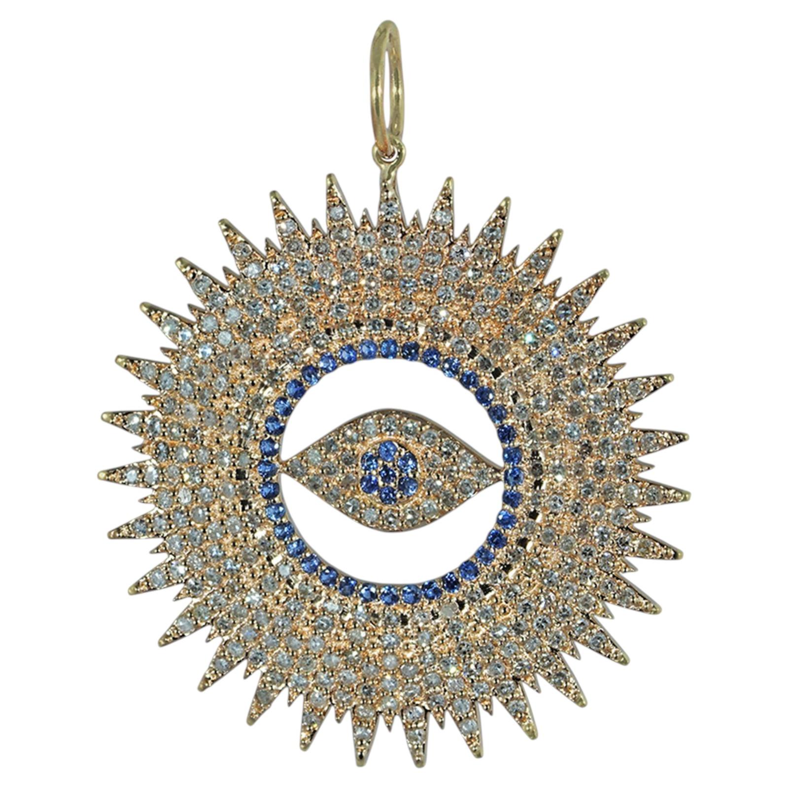 Solid 14k Yellow Gold Natural Blue Sapphire Diamond Sunburst Evil Eye Pendant For Sale