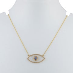 Solid 14k Yellow Gold Natural Diamond Blue Sapphire Gemstone Evil Eye Necklace